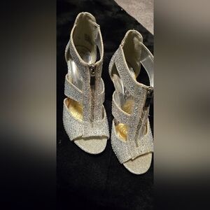 Silver Slipper Sparkling Silver Women's Dress Heels with Front Zip Size 7W